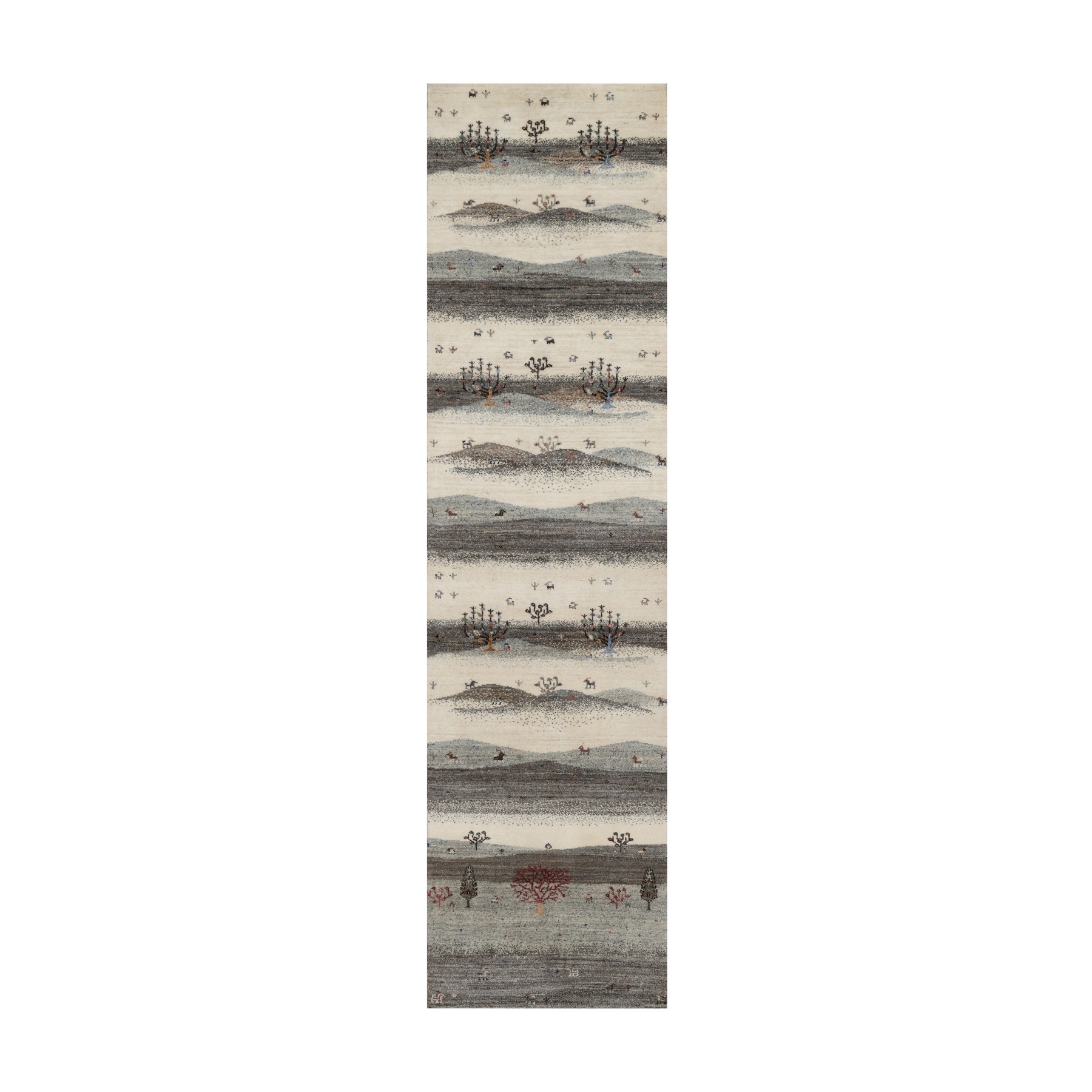 Chiffon White, Modern, Lori Buft Gabbeh with Small Animal Figurines, Hills Design, Thick and Plush, 100% Wool, Hand Knotted, Runner, Oriental Rug